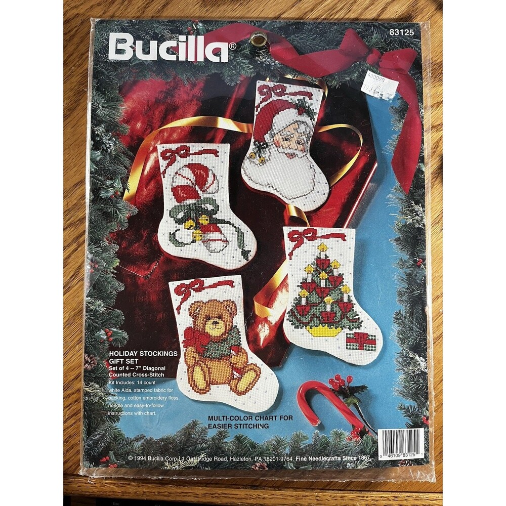 Bucilla Holiday Stockings Gift Set of 4 Counted Cross Stitch Kit #83125 Vintage